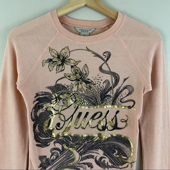 GUESS Vintage Y2K Light Baby Pink Gold Floral Fitted Graphic Long Sleeve Top - Picture 3 of 8